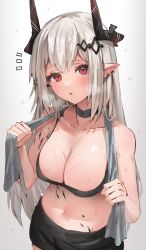Rule 34 | 1girl, :o, absurdres, arknights, bare arms, bare shoulders, black choker, black skirt, blush, breasts, choker, cleavage, collarbone, cowboy shot, earrings, grey hair, hair ornament, heavy breathing, highres, horn/wood, horns, jewelry, large breasts, long hair, material growth, miniskirt, mudrock (arknights), navel, oripathy lesion (arknights), parted lips, pointy ears, red eyes, simple background, skirt, solo, sparkle, sports bra, stomach, sweat, towel, towel around neck, very long hair, white background