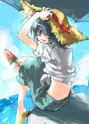 Rule 34 | 00s, 1boy, androgynous, blue eyes, blue hair, death note, hat, looking back, male focus, matching hair/eyes, midriff, open mouth, popsicle, short hair, sitting, smile, solo, sun hat, toujou sakana