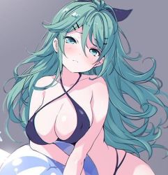 Rule 34 | 10s, 1girl, antenna hair, arm support, ball, bare arms, bare shoulders, beachball, black ribbon, blush, breasts, chiyingzai, closed mouth, criss-cross halter, covered erect nipples, frown, green hair, grey background, hair between eyes, hair ornament, hair ribbon, hairclip, halterneck, head tilt, kantai collection, large breasts, long hair, long sleeves, looking at viewer, lowres, ribbon, simple background, skindentation, solo, sweat, tsurime, very long hair, yamakaze (kancolle)