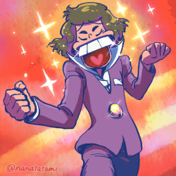 Rule 34 | 1boy, breast pocket, brown hair, buck teeth, buttons, clenched hands, closed eyes, fake facial hair, fake mustache, flying teardrops, formal, girly running, heart, heart in mouth, iyami, male focus, nanatatami, open mouth, osomatsu-san, osomatsu (series), pocket, popped collar, purple suit, shiny clothes, sparkle, suit, teeth, twitter username
