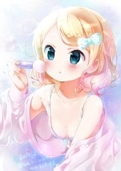 Rule 34 | 1girl, 2017, :o, absurdres, applying makeup, aqua bow, aqua eyes, armpits, bare shoulders, bathrobe, beads, blonde hair, blush, bow, bow bra, bra, breasts, chestnut mouth, cleavage, collarbone, commentary request, dated, eyelashes, gochuumon wa usagi desu ka?, gradient background, hair bow, hair ornament, heart, heart-shaped pupils, highres, holding, holding brush, kirima syaro, leaning forward, long sleeves, looking at viewer, makeup brush, multicolored background, nail polish, neki (wakiko), off shoulder, open clothes, open mouth, robe, short hair, sidelocks, small breasts, solo, star (symbol), swept bangs, symbol-shaped pupils, twitter username, underwear, upper body, wavy hair, white bow, white bra