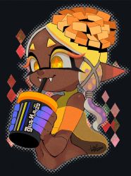 Rule 34 | 1girl, 2022, black background, blonde hair, blue skin, closed mouth, colored skin, crop top, cropped torso, cross-shaped pupils, cup, dark-skinned female, dark skin, drinking, drinking straw, fangs, fangs out, frye (splatoon), holding, holding cup, inkling, isamu-ki (yuuki), long hair, multicolored hair, multicolored skin, navel, nintendo, pointy ears, purple hair, purple skin, see-through, signature, smile, solo, splatoon (series), splatoon 3, symbol-shaped pupils, tentacle hair, turtleneck, turtleneck crop top, two-tone hair, yellow crop top, yellow eyes
