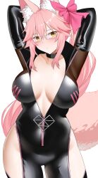 Rule 34 | 1girl, absurdres, animal ear fluff, animal ears, arind yudha, arms behind head, arms up, black bodysuit, blush, bodysuit, bow, breasts, center opening, choker, cleavage, fate/grand order, fate (series), fox ears, fox girl, fox tail, glasses, hair between eyes, hair bow, highres, hip vent, koyanskaya (assassin) (first ascension) (fate), koyanskaya (fate), large breasts, long hair, looking at viewer, pink bow, pink hair, ponytail, sidelocks, solo, tail, tamamo (fate), thighs, yellow eyes
