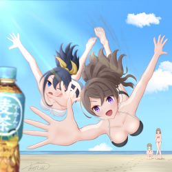 Rule 34 | 2021, 4girls, absurdres, azeshan, bare shoulders, beach, bikini, blue eyes, blue hair, blush, breasts, brown hair, cleavage, cloud, cue!, dated, drink, footprints, full body, hanging breasts, highres, jumping, kano shiho, light rays, matching hair/eyes, medium breasts, multiple girls, mutsuishi haruna, ocean, one eye closed, open mouth, outdoors, outstretched arm, plastic bottle, ponytail, purple eyes, racing, sand, signature, sky, smile, swimsuit, takatori maika, tsukii honoka, water