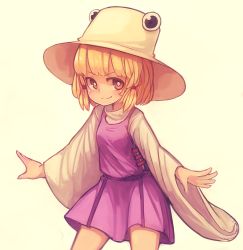 Rule 34 | &gt;:), 1girl, bad id, bad pixiv id, blonde hair, blush, brown eyes, female focus, hair ribbon, hat, ketopon, long sleeves, looking at viewer, moriya suwako, outstretched arms, revision, ribbon, shirt, simple background, skirt, skirt set, smile, solo, touhou, v-shaped eyebrows, vest, wide sleeves, yellow background