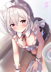 Rule 34 | 1girl, alternate costume, black dress, blush, breasts, cleavage, closed mouth, dress, enmaided, feathered wings, grey hair, hair between eyes, highres, kishin sagume, large breasts, looking at viewer, maid, maid headdress, niko kusa, red eyes, short hair, signature, single wing, solo, touhou, white wings, wings, wrist cuffs