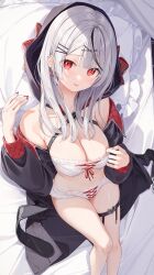 Rule 34 | 1girl, absurdres, black coat, bow, bow earrings, bra, breasts, cleavage, coat, earrings, grey hair, hair ornament, hand up, highres, hololive, hood, hood up, hooded coat, jewelry, kinako (shiratama mochi), large breasts, long hair, looking at viewer, lying, multicolored hair, off shoulder, on back, panties, pillow, plaid, plaid bow, red eyes, red nails, sakamata chloe, solo, streaked hair, thigh strap, thighs, underwear, virtual youtuber, white bra, white panties, x hair ornament