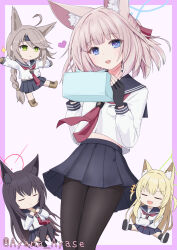 +++ 4girls :&lt; ahoge animal_ear_fluff animal_ears artist_name ayana_ayase black_gloves black_hair black_pantyhose black_socks black_thighhighs blonde_hair blue_archive blue_eyes blue_halo blue_sailor_collar blue_skirt blunt_bangs border box braid braided_ponytail chibi chibi_inset closed_eyes closed_mouth cookie crossed_arms fingerless_gloves food fox_ears fox_platoon_(blue_archive) gift gift_box gloves green_eyes green_halo grey_hair halo heart highres holding holding_box holding_cookie holding_food holding_gift kurumi_(blue_archive) leg_up long_hair long_sleeves looking_at_viewer medium_hair multiple_girls necktie niko_(blue_archive) open_mouth otogi_(blue_archive) outstretched_arms pantyhose pink_border pink_hair ponytail red_halo red_necktie sailor_collar school_uniform shirt short_twintails simple_background skirt smile socks sparkle thighhighs twintails twitter_username two_side_up very_long_hair white_background white_shirt yukino_(blue_archive) zettai_ryouiki