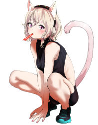 Rule 34 | 1girl, animal ears, backless outfit, black hairband, blonde hair, breasts, cat ears, cat tail, character request, copyright request, full body, hairband, highres, medium hair, mouth hold, nail polish, pink eyes, pink nails, shoes, small breasts, sneakers, solo, squatting, tail, tama (tamago)