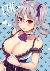 Rule 34 | 10s, 1girl, bare shoulders, blue background, breasts, cleavage, drill hair, highres, idolmaster, idolmaster cinderella girls, kanzaki ranko, large breasts, long hair, looking at viewer, oogatazin, parted lips, pink eyes, silver hair, solo, twin drills