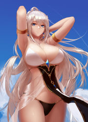 Rule 34 | 1girl, absurdres, armlet, armpits, arms behind head, arms up, bare shoulders, bikini, black bikini, blue eyes, blue sky, breasts, cleavage, closed mouth, collarbone, day, dungeon and fighter, earrings, female gunner (dungeon and fighter), hair between eyes, highres, jewelry, large breasts, long hair, looking at viewer, monaim, silver hair, sky, smile, solo, swimsuit, white bikini