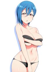 Rule 34 | 1girl, :o, absurdres, alternate breast size, bare shoulders, bikini, black bikini, blue hair, breast hold, breasts, cleavage, collarbone, commentary, covering privates, covering breasts, hair between eyes, highres, large breasts, limelam06, looking at viewer, love live!, love live! superstar!!, navel, open mouth, orange eyes, short hair, simple background, solo, swimsuit, underboob, upper body, wakana shiki, white background