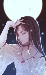 Rule 34 | 1girl, black hair, breasts, brown eyes, full moon, hand in own hair, inuyasha, japanese clothes, kikyou (inuyasha), light particles, lips, long hair, miko, moon, motobi (mtb umk), profile, signature, small breasts, solo, twitter username, upper body, wet, wet clothes