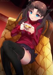 Rule 34 | 1girl, absurdres, black hair, black skirt, black thighhighs, blue eyes, couch, cup, fate/stay night, fate (series), hair ribbon, highres, holding, holding cup, indoors, kachin, long hair, long sleeves, looking at viewer, pleated skirt, red sweater, ribbon, sitting, skirt, smile, solo, sweater, tea, teacup, thighhighs, thighs, tohsaka rin, twintails, two side up