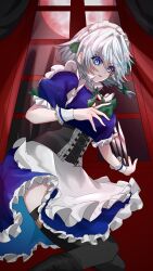 Rule 34 | 1girl, 2dio9gwjal28761, apron, ascot, black corset, black footwear, black thighhighs, blue dress, blue eyes, boots, bow, braid, breasts, commentary request, corset, dress, feet out of frame, frilled dress, frilled sleeves, frills, full moon, green ascot, green bow, grey hair, hair between eyes, hair bow, highres, holding, holding knife, indoors, izayoi sakuya, knife, looking at viewer, maid, maid headdress, medium bangs, medium breasts, medium hair, moon, night, parted lips, puffy short sleeves, puffy sleeves, red brooch, red moon, short sleeves, solo, thigh strap, thighhighs, throwing knife, touhou, twin braids, waist apron, weapon, white apron, window