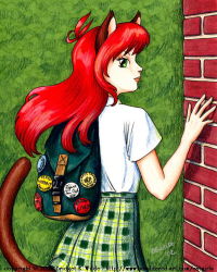 Rule 34 | 00s, 1girl, 2002, animal ears, backpack, badge, bag, bewildered, button badge, cat ears, cat girl, cat tail, from behind, green eyes, green skirt, long hair, looking at viewer, looking back, plaid, plaid skirt, red hair, shirt, short sleeves, skirt, smile, solo, standing, tail, the lord of the rings, tolkien&#039;s legendarium, tolkien's legendarium, white shirt