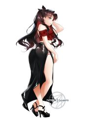 Rule 34 | 1girl, absurdres, alternate costume, artist name, black bow, black footwear, black skirt, blue eyes, bow, brown hair, earrings, fate/stay night, fate (series), floating hair, from side, full body, gradient hair, hair bow, hair intakes, hand in own hair, high heels, highres, jewelry, long hair, long skirt, midriff, multicolored hair, off-shoulder shirt, off shoulder, parted lips, profile, red hair, red shirt, shirt, side slit, simple background, skirt, solo, standing, tohsaka rin, twintails, very long hair, white background, zasshu