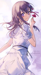 Rule 34 | 1girl, absurdres, holding behind back, birthday, breasts, character name, dress, fate/stay night, fate (series), flower, hair between eyes, hair flower, hair ornament, hair ribbon, hand in own hair, happy birthday, highres, holding, holding flower, large breasts, lips, long hair, looking at viewer, looking back, matou sakura, nose, official alternate costume, petals, purple eyes, purple hair, red ribbon, ribbon, shigure (shigure 43), short sleeves, sky, smile, solo, white dress