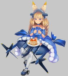 Rule 34 | 1girl, :&lt;, aircraft, airplane, amane (amane05lemon), bad id, bad pixiv id, bare shoulders, blonde hair, blue footwear, butter, choker, cockpit, food, fork, grey background, hair ornament, knife, long hair, mecha musume, navy, original, pancake, pancake stack, personification, propeller, purple eyes, shoes, simple background, solo, syrup, thighhighs, tray, twintails, vought xf5u, white thighhighs, world war ii