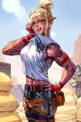 Rule 34 | 1girl, abs, belt, blonde hair, blue eyes, desert, dog tags, elf, hand wraps, highres, knife, mechanic, muscular, muscular female, original, pointy ears, pouch, robusta mania, smile, solo, sweat, tank top, topknot, veins, wiping face, wiping sweat