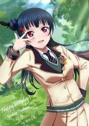 Rule 34 | absurdres, birthday, black feathers, blazer, blue hair, breasts, character name, commentary request, dated, english text, feathers, hair bun, hair ornament, happy birthday, highres, jacket, long sleeves, love live!, love live! school idol festival, love live! sunshine!!, necktie, pink eyes, school uniform, single hair bun, solo, striped necktie, striped neckwear, tree, tsushima yoshiko, xiaoxin041590