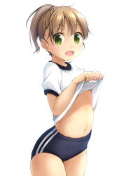 Rule 34 | 1girl, :d, blue buruma, brown hair, buruma, clothes lift, commentary request, cowboy shot, fang, green eyes, gym shirt, gym uniform, high ponytail, highres, lifting own clothes, looking at viewer, navel, open mouth, original, ponytail, puffy short sleeves, puffy sleeves, shibacha, shirt, shirt lift, short hair, short sleeves, simple background, smile, solo, stomach, white background, white shirt