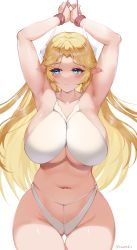 Rule 34 | 1girl, absurdres, arms up, azur lane, blonde hair, blue eyes, bound, bound wrists, breasts, brest (azur lane), cleavage, curvy, hair ornament, highres, huge breasts, navel, plump, pointy ears, revealing clothes, showerz, solo, thick thighs, thigh gap, thighs, underboob, wide hips