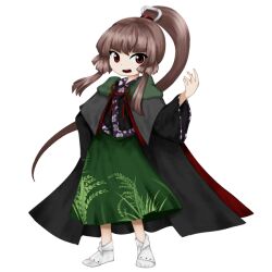 Rule 34 | 1other, androgynous, anmita (rarutos), black cape, black kimono, brown hair, cape, full body, green skirt, hair ornament, hand on own hip, hand up, japanese clothes, jynx (style), kimono, len&#039;en, long hair, long sleeves, open mouth, other focus, personification, ponytail, red eyes, skirt, socks, solo, tasouken, variant set, white socks