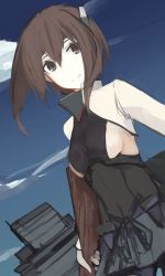Rule 34 | 10s, 1girl, bad id, bad twitter id, black eyes, blue sky, breasts, brown hair, cloud, day, highres, kantai collection, medium breasts, mikoto (oi plus), rigging, sideboob, sketch, sky, smile, solo, taihou (kancolle)