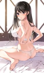 Rule 34 | 1girl, :o, ass, back, bare arms, bare legs, bare shoulders, barefoot, black eyes, black hair, blush, bra, breasts, dress shirt, feet, from behind, large breasts, long hair, looking at viewer, looking back, open clothes, open shirt, original, oryo (oryo04), panties, parted lips, shirt, sidelocks, sitting, soles, solo, thighs, toes, underwear, underwear only, unfastened, unworn shirt, wariza, white bra, white panties, white shirt