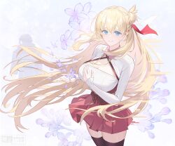 1girl absurdres agnes_claudel blonde_hair blue_eyes breasts bun_with_braided_base cleavage_cutout clothes_lift clothing_cutout crying eiyuu_densetsu falling_petals floating_hair flower hair_between_eyes hair_bun hair_ribbon highres jewelry kai_no_kiseki kuro_no_kiseki_(series) large_breasts long_hair looking_at_viewer pendant petals pink_background purple_flower ribbon senya8833 silhouette simple_background single_side_bun skirt skirt_lift smile solo streaming_tears tears thighhighs van_arkride very_long_hair