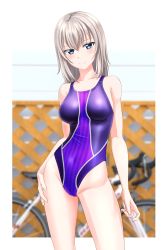 Rule 34 | 1girl, absurdres, bicycle, blue eyes, blurry, blurry background, breasts, competition swimsuit, contrapposto, cowboy shot, girls und panzer, highres, itsumi erika, light smile, looking at viewer, medium breasts, medium hair, multicolored clothes, multicolored swimsuit, one-piece swimsuit, purple one-piece swimsuit, silver hair, solo, standing, striped clothes, striped one-piece swimsuit, swimsuit, takafumi