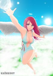 Rule 34 | 1girl, above clouds, angel, angel wings, artist name, breasts, cleavage, cloud, day, diamond (gemstone), dress, earrings, covered erect nipples, feathers, highres, jewelry, kainkout, large breasts, long hair, navel, original, red eyes, red hair, ribbon, signature, sky, solo, sun, white dress, wings