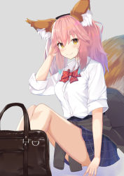 Rule 34 | 10s, 1girl, animal ear fluff, animal ears, blush, breasts, clothes around waist, fate/extella, fate/extra, fate/grand order, fate (series), fox ears, fox tail, highres, jacket, jacket around waist, kazuha (saku kn), long hair, looking at viewer, medium breasts, official alternate costume, pink hair, school uniform, shirt, sitting, skirt, smile, solo, tail, tamamo (fate), tamamo no mae (jk) (fate), thighs, twintails, yellow eyes