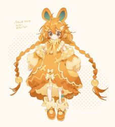 Rule 34 | bow, bowtie, braid, brown eyes, colored eyelashes, creatures (company), dress, game freak, headphones, hibi89, long hair, long sleeves, looking at viewer, mary janes, nintendo, open mouth, orange bow, orange bowtie, orange dress, orange footwear, orange hair, pawmi, personification, pokemon, puffy long sleeves, puffy sleeves, quilted clothes, shoes, socks, solo, twin braids, very long hair, white bow, white socks, wing hair ornament