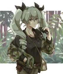 Rule 34 | 10s, 1girl, alpachiiino, anchovy (girls und panzer), bag, belt, belt pouch, binoculars, black ribbon, black shirt, brown belt, brown pants, camouflage, camouflage jacket, carrying, closed mouth, commentary, dappled sunlight, day, drill hair, girls und panzer, green hair, hair ribbon, hand in pocket, holding, holding binoculars, jacket, letterboxed, long hair, long sleeves, open clothes, open jacket, outdoors, pants, pouch, red eyes, ribbon, satchel, shirt, smile, solo, standing, sunlight, twin drills, twintails, upper body