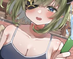 Rule 34 | 1girl, black sports bra, blue eyes, blush, breasts, cleavage, collarbone, commentary request, dutch angle, eyepatch, green hair, hair between eyes, highres, holding, holding hose, hose, large breasts, looking at viewer, medium bangs, medium hair, nanashi inc., open mouth, outdoors, pointy ears, sekishiro mico, smile, solo, sparkle, sports bra, tamotsu (mary), upper body, virtual youtuber, water