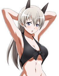 Rule 34 | 1girl, animal ears, armpits, arms behind head, bikini, black bikini, blue eyes, blush, breasts, cleavage, collarbone, eila ilmatar juutilainen, fox ears, hiro yoshinaka, long hair, looking at viewer, navel, open mouth, shiny skin, silver hair, simple background, solo, strike witches, swimsuit, underboob, upper body, white background, world witches series