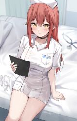 Rule 34 | 1girl, arm support, artist name, bed, black choker, blurry, blush, breast pocket, breasts, character name, choker, closed mouth, collared dress, cross, depth of field, dress, female focus, gloves, hair between eyes, hat, highres, holding, hospital bed, kaetzchen, large breasts, liliya (kaetzchen), long hair, looking at viewer, name tag, nurse, nurse cap, original, pocket, red hair, short dress, short sleeves, sitting, smile, solo, stethoscope, thighs, tsurime, unworn gloves, white dress, white gloves, white hat, yellow eyes