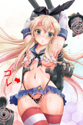 Rule 34 | 10s, 1girl, :&lt;, anchor, anchor hair ornament, arms up, black panties, blonde hair, blue eyes, blush, breasts, elbow gloves, gloves, hair ornament, hairband, highres, kantai collection, long hair, looking at viewer, navel, panties, pantyshot, personification, rensouhou-chan, shimakaze (kancolle), skirt, small breasts, solo, striped clothes, striped thighhighs, target, thighhighs, tsukineko, turret, unbuttoned, underboob, underwear, upskirt, white gloves