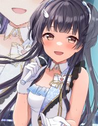 Rule 34 | 1girl, black hair, blunt bangs, blush, detached collar, display board, gloves, highres, holding, holding microphone, idol, idolmaster, idolmaster shiny colors, looking at viewer, mayuzumi fuyuko, microphone, mochiko (uyu omochi), reaching, reaching towards viewer, smile, solo, spread the wings!! (idolmaster), sweatdrop, two side up, upper body, white gloves, zoom layer