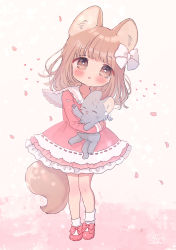 Rule 34 | 1girl, :o, ame usako, animal, animal ear fluff, animal ears, animal hug, blush, bobby socks, bow, brown eyes, brown hair, cat, commentary request, dress, frilled dress, frills, full body, hair bow, highres, leaning to the side, long hair, original, parted lips, petals, pink dress, pink footwear, ribbon-trimmed dress, shoes, signature, socks, solo, standing, tail, twintails, white bow, white socks