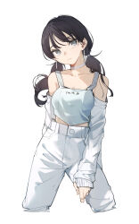 Rule 34 | 1girl, black hair, camisole, choker, closed mouth, collarbone, commentary, cropped legs, english commentary, grey eyes, head tilt, highres, jacket, kamatpit, long hair, long sleeves, looking at viewer, low twintails, off shoulder, open clothes, open jacket, original, pants, simple background, sleeves past wrists, solo, twintails, white background, white camisole, white choker, white jacket, white pants