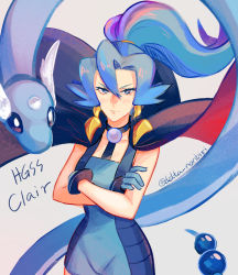 Rule 34 | 1girl, bare arms, blue bodysuit, blue hair, blush, bodysuit, cape, character name, choker, clair (pokemon), closed mouth, commentary request, copyright name, creatures (company), crossed arms, delta nonbiri, dragonair, earrings, eyelashes, floating cape, floating hair, frown, game freak, gen 1 pokemon, gloves, grey background, hair between eyes, jewelry, light blue hair, long hair, nintendo, pokemon, pokemon (creature), pokemon hgss, ponytail