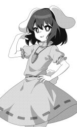 Rule 34 | 1girl, animal ears, bright pupils, carrot necklace, cowboy shot, dress, floppy ears, greyscale, hair between eyes, hand up, inaba tewi, jewelry, looking at viewer, medium bangs, medium hair, monochrome, necklace, onkn sxkn, open mouth, rabbit ears, rabbit girl, rabbit tail, ribbon-trimmed dress, short sleeves, simple background, smile, solo, tail, touhou