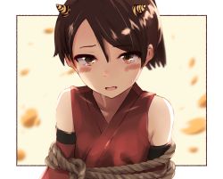 Rule 34 | 1girl, alternate costume, bare shoulders, beans, blush, brown eyes, brown hair, detached sleeves, highres, horns, kantai collection, oni horns, ponytail, restrained, rope, shiki no miko, shikinami (kancolle), short hair, solo, tears, upper body