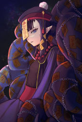 Rule 34 | 1girl, alternate costume, black hair, black hat, blue eyes, blunt bangs, chain, chained, chinese clothes, earrings, from side, hannilem, hat, headpiece, highres, hololive, hololive english, jewelry, jiangshi, long hair, long sleeves, looking at viewer, ninomae ina&#039;nis, ofuda, pointy ears, qingdai guanmao, sidelocks, sideways glance, solo, stitched face, stitches, tentacle hair, tentacles, virtual youtuber, zombification