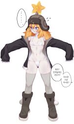 Rule 34 | ..., 1girl, absurdres, averting eyes, bikini, black-framed eyewear, black jacket, blush, boots, eonsang, flying sweatdrops, full body, girls&#039; frontline 2: exilium, glasses, hat, highres, jacket, knee boots, korean text, military hat, nervous smile, open clothes, open jacket, orange hair, outstretched arms, pov, ribbed thighhighs, round eyewear, simple background, sleeves past fingers, sleeves past wrists, smile, solo, speech bubble, spoken ellipsis, star (symbol), string bikini, swimsuit, white background, white bikini, wkp (girls&#039; frontline)