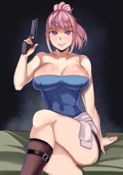 1girl alternate_costume arm_support bare_arms bare_shoulders blunt_bangs breasts ceroccb cleavage collarbone commentary cosplay crossed_legs fire_emblem fire_emblem:_three_houses gun hand_up handgun highres hilda_valentine_goneril holding holding_gun holding_weapon jill_valentine jill_valentine_(cosplay) large_breasts looking_at_another nintendo pink_hair ponytail purple_eyes resident_evil short_hair sitting smile solo strapless thick_thighs thighs tube_top weapon