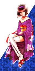 Rule 34 | 00s, 1girl, bare shoulders, breasts, brown hair, choker, cleavage, collarbone, crossed legs, floral print, fumiodengana, hairband, invisible chair, japanese clothes, kanzaki sumire, kimono, light smile, obi, off shoulder, red ribbon, ribbon, ribbon choker, sakura taisen, sash, sitting, solo, thighhighs, white thighhighs, yellow eyes, zettai ryouiki